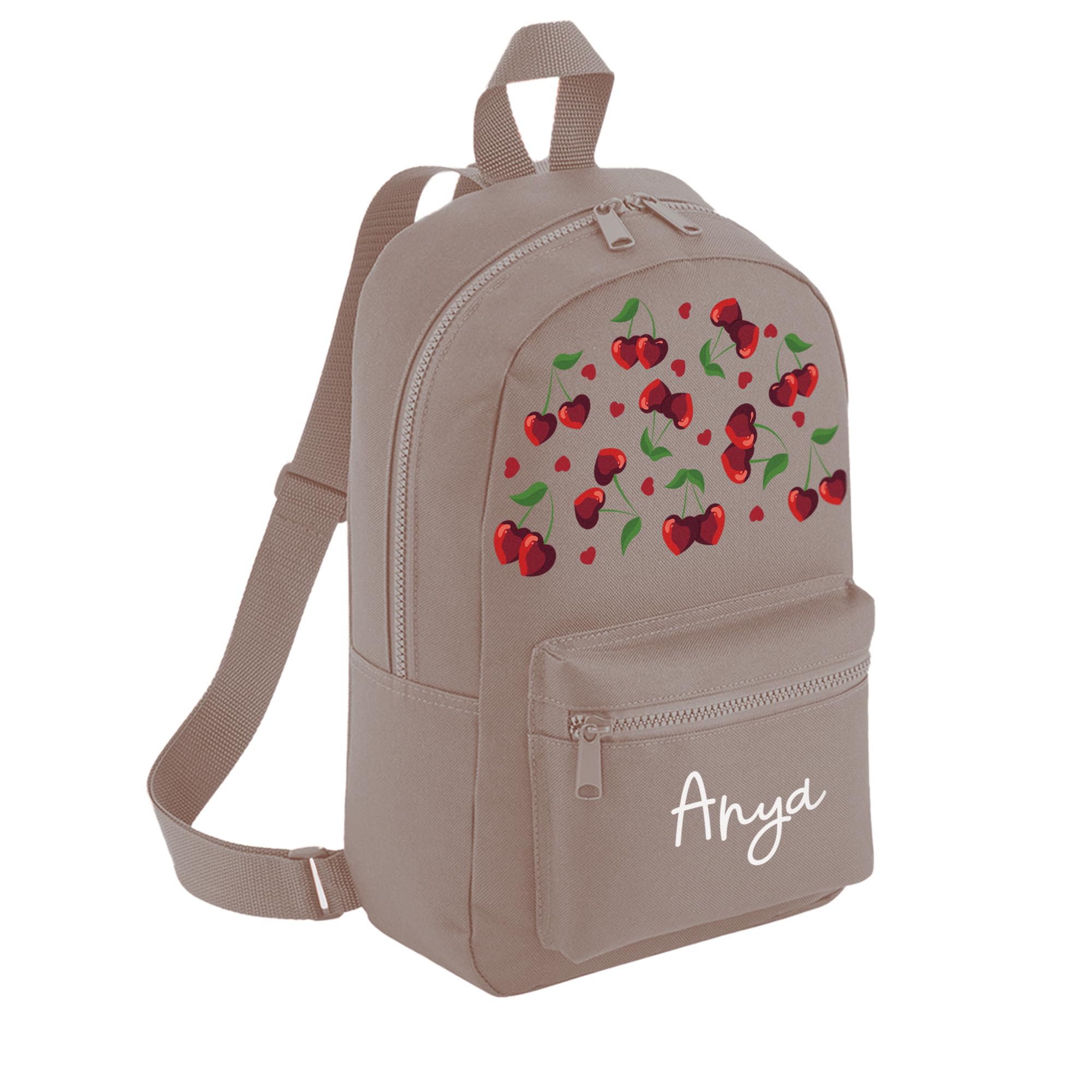 A1 Graphics Ltd Personalised Cherries Kids Backpack Custom with Name Choice of Colours Cherry Hearts School Bag with Adjustable Straps For Children & Toddlers (Mushroom)