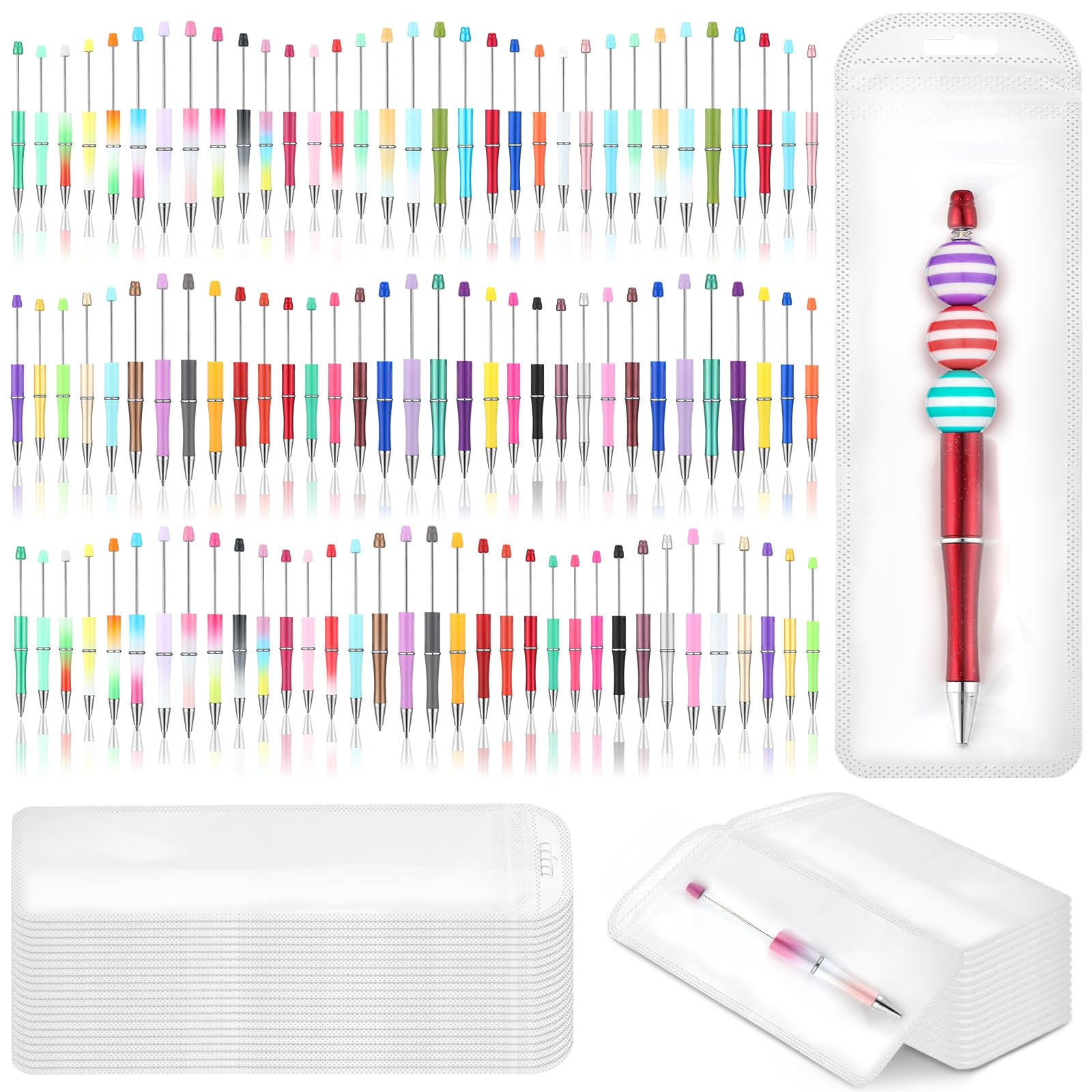 Dispowreath 300 Pcs Beadable Pens Kit Plastic Beaded Pens DIY Making Kit Bulk with Refills Bags Black Ink for School Decorative Supplies Office