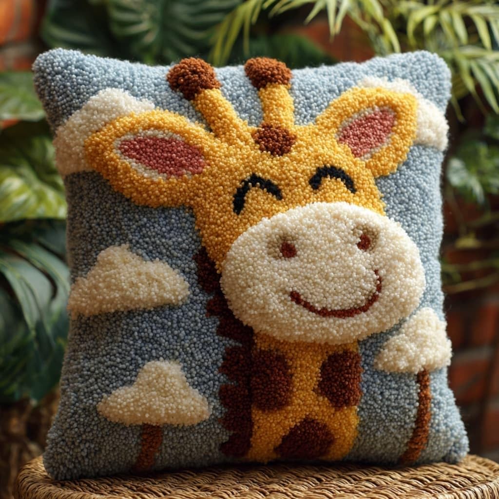 Taxpy DIY Latch Hook Pillow Kit Pre-Printed Hook and Latch Rug Kits Giraffe 17X17 Inch.Cross-Stitch Embroidery Cushion Cover for Home Sofa Decoration
