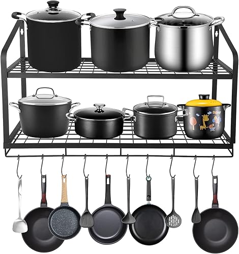 Estante colgante para ollas, 2 niveles, soportes para ollas de pared para almacenamiento de cocina, organizador de ollas y sartenes con 10 ganchos,