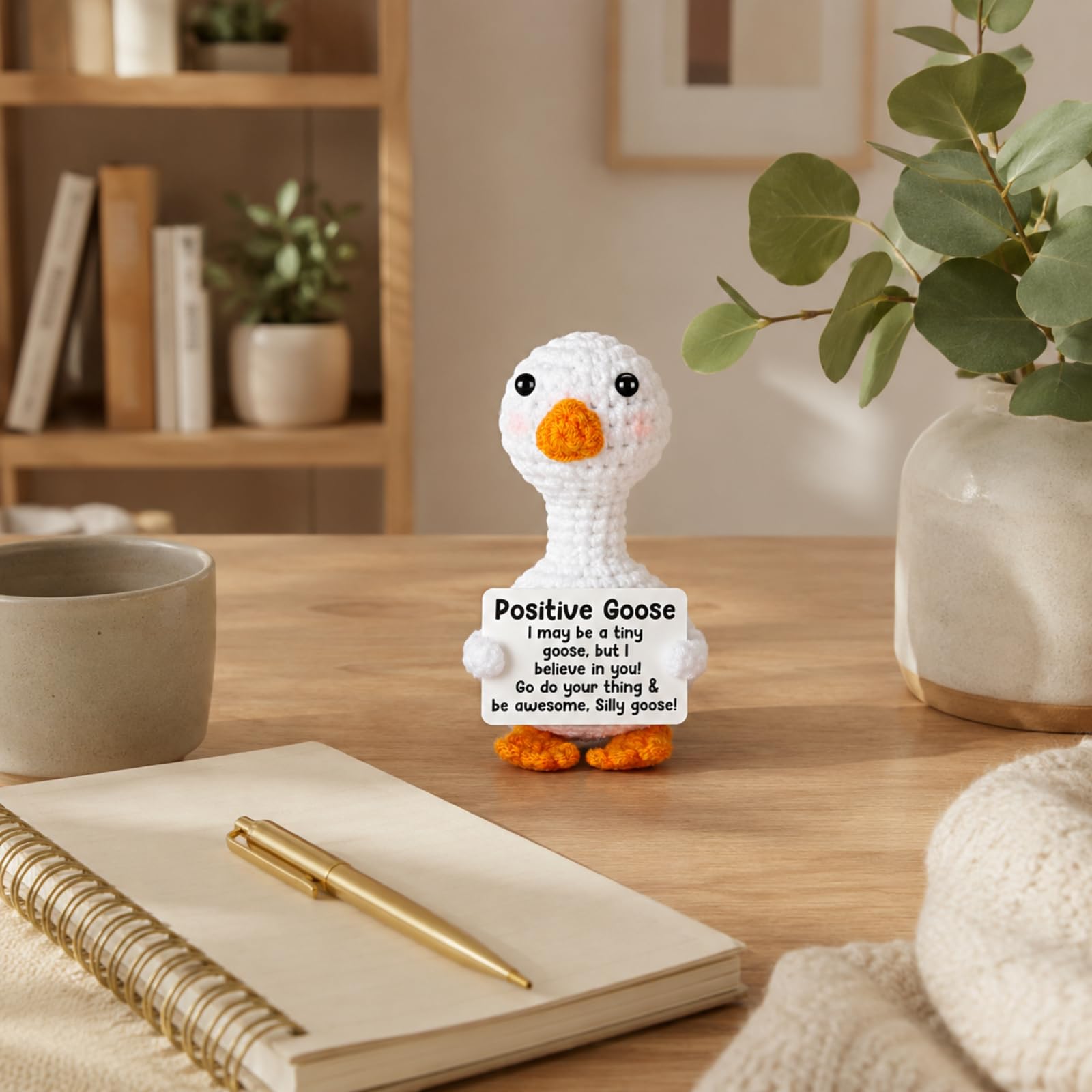 molicorl Handmade Crochet Silly Goose, Knitted Positive Desk Ornament, Small Supportive Crochet Doll, Positive Crochet Animal Gift for Home Office Shelf Decor Birthday Farewell Presents