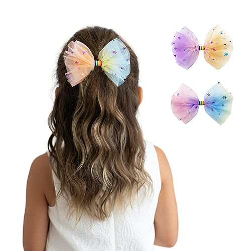 Rainbow - 2 pinzas para el cabello con lazo grande de tul para niñas y mujeres, accesorio elegante para el cabello para cumpleaños, uso diario,