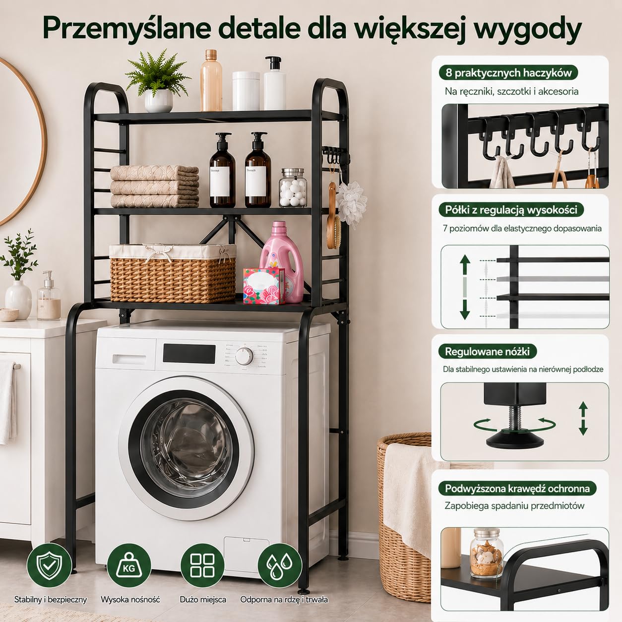 Regał nad Pralkę Metalowy 3 Poziomy, Szafka Regał nad Pralkę z 8 Haczykami, Regulowana Wysokość, Stabilny Organizer do Łazienki WC Pralni, 66x155x49 cm
