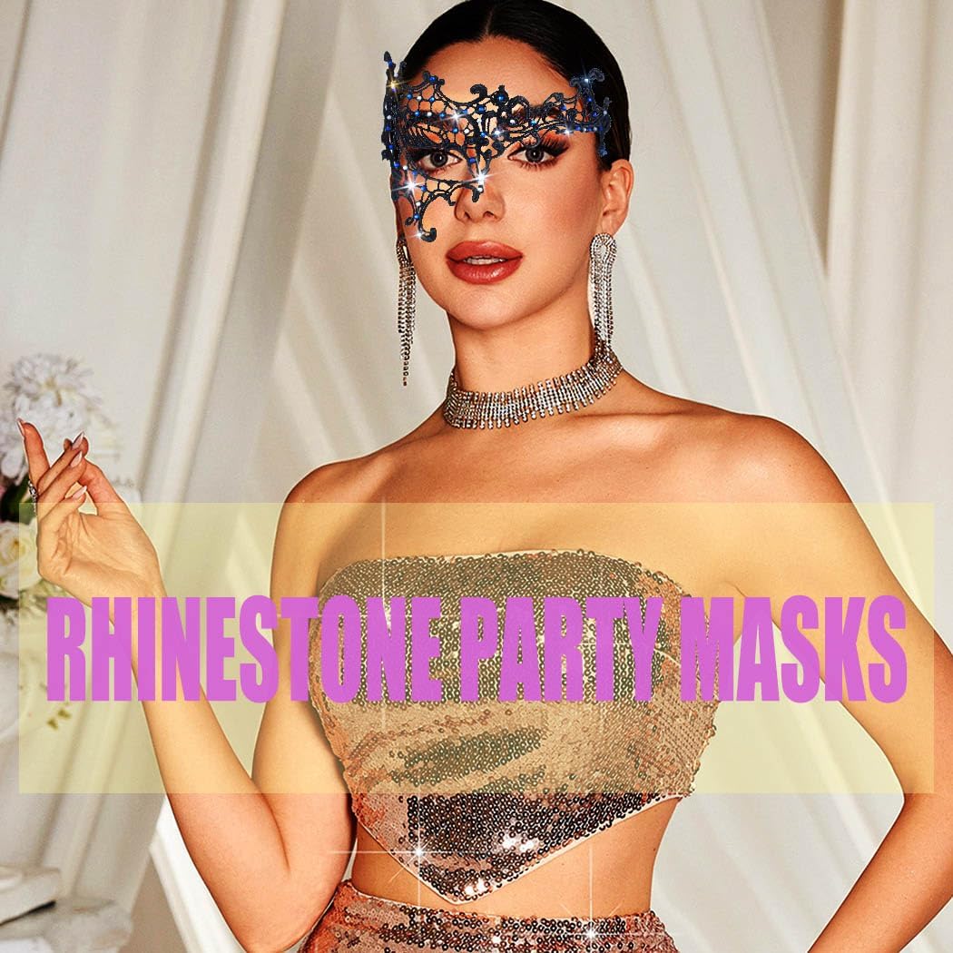 Ursumy Masquerade Mask for Women Rhinestone Lace Mask Tassel Mardi Gras Mask Sparkle Crystal Half Face Mask for Party - Image 5