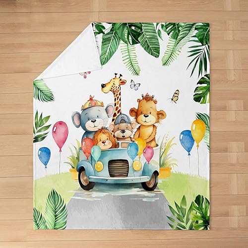 Miniatura 4 de Manta de franela de animales de dibujos animados de la selva, cálida y ligera, manta cálida y cálida Kawaii con diseño de tigre y jirafa, camión