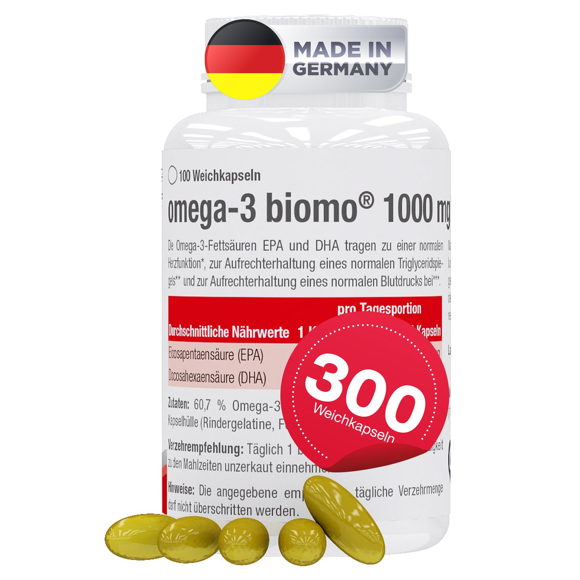 1000 mg 300 Stück Weichkapseln - zum Erhalt einer normalen Herzfunktion und zur Aufrechterhaltung eines normalen Blutdrucks und Blutfettspiegels, hochdosiert, mit EPAX-Fischöl
