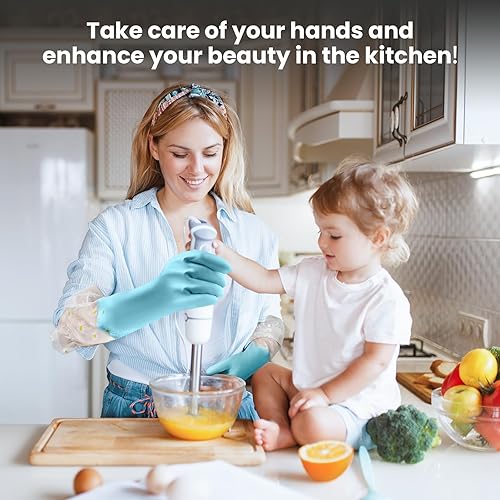 Miniatura 3 de KAQ Guantes de limpieza para lavavajillas, 3 pares, guantes de goma reutilizables con forro de algodón, puño largo, guantes de cocina y jardinería