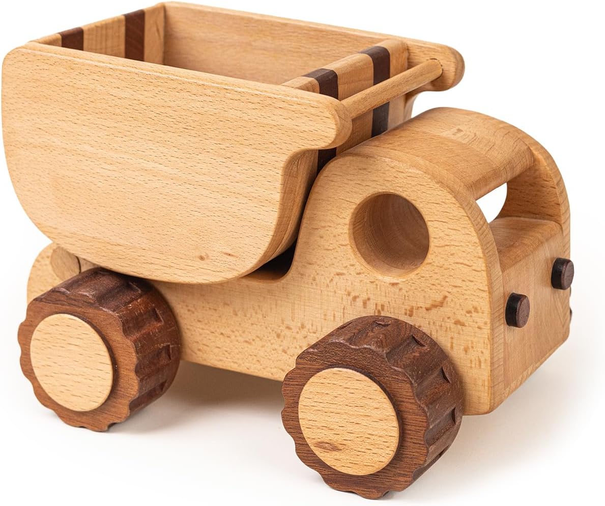 Wooden Dump Truck – Solid Hardwood Construction Vehicle with 90° Dumping Bed | Large Real-Play Truck for Kids 3+ | Montessori Heavy-Duty Toy & Nursery Decor
