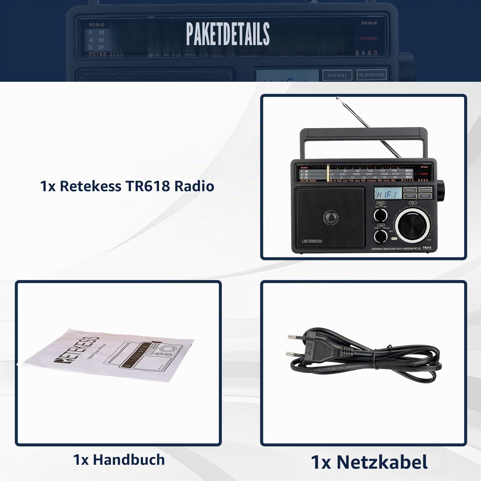 Retekess TR618 Radio Batteriebetrieben, Tragbares Radio, AM FM SW, USB SD TF, 3,5-mm-Kopfhörerbuchse, Kofferradio für Senioren, Küche