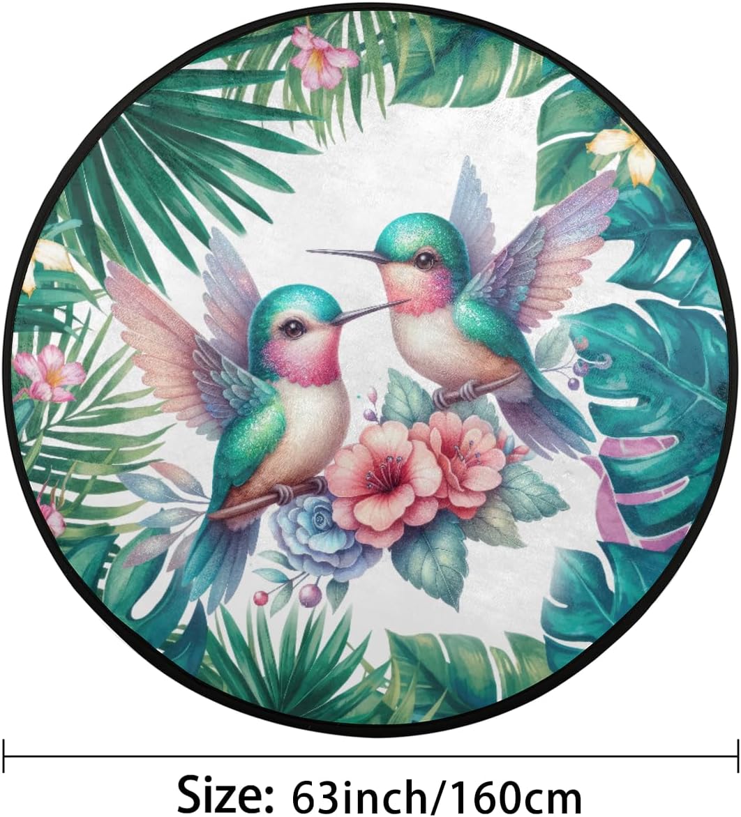Round Rug 5ft Summer Palm Leaf Bird Indoor Circle Area Circle Rugs Washable Non-Slip Bedside Indoor Doormat for Living Room Bedroom Playroom Nursery Room Decor Carpet Mat Splat Mat for High Chair