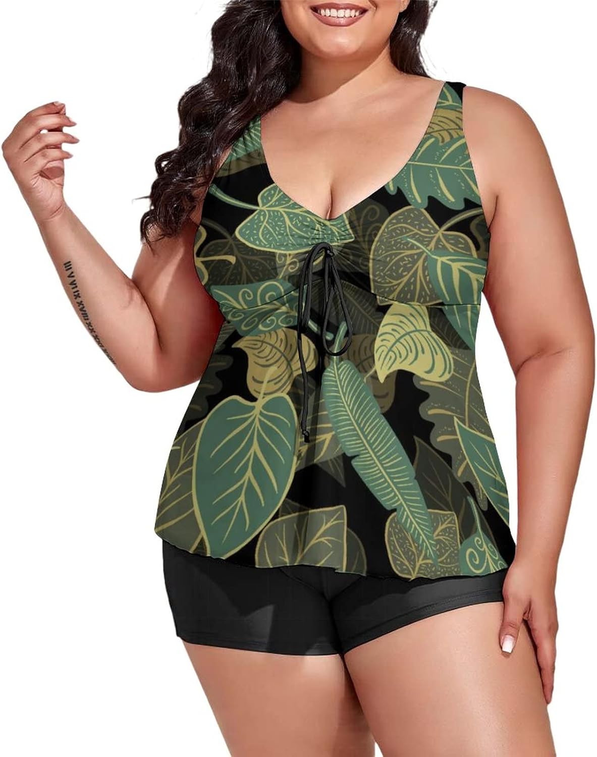 Plus Size Tankini Swimsuits for Women's Tropical Leaves Tummy Control Women's 2 Pieces Swimsuits with Boyshorts