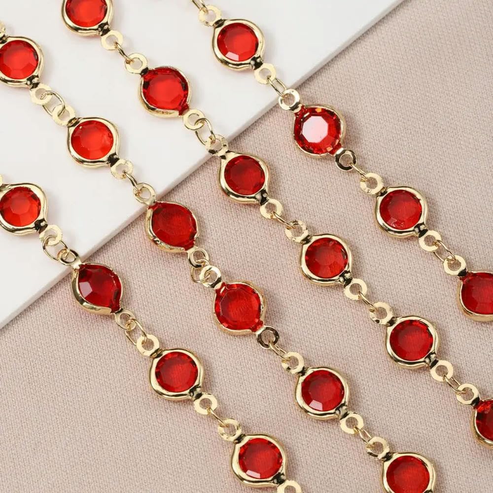 Wanming Red-Kc Gold 1Meter 6Mm Colorful Crystal Beads Beaded Chain Glass Bead Necklace Chain Findings For Diy Bracelet Jewelry Making Supplies