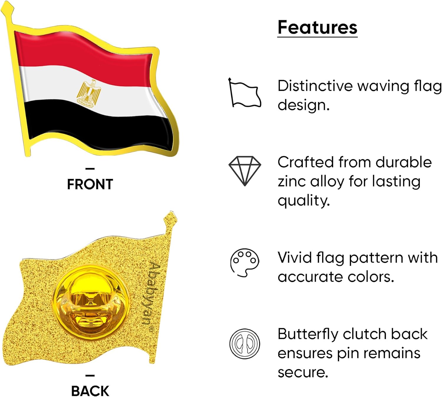 Egypt Flag Lapel Pin - Enamel Metal National Badge | World Travel Souvenir Gifts for Men & Women | Country Flag Patriotic Brooch Bulk Pack of Pins for Hat, Tie, Clothes, Backpack (1pc) - Image 3