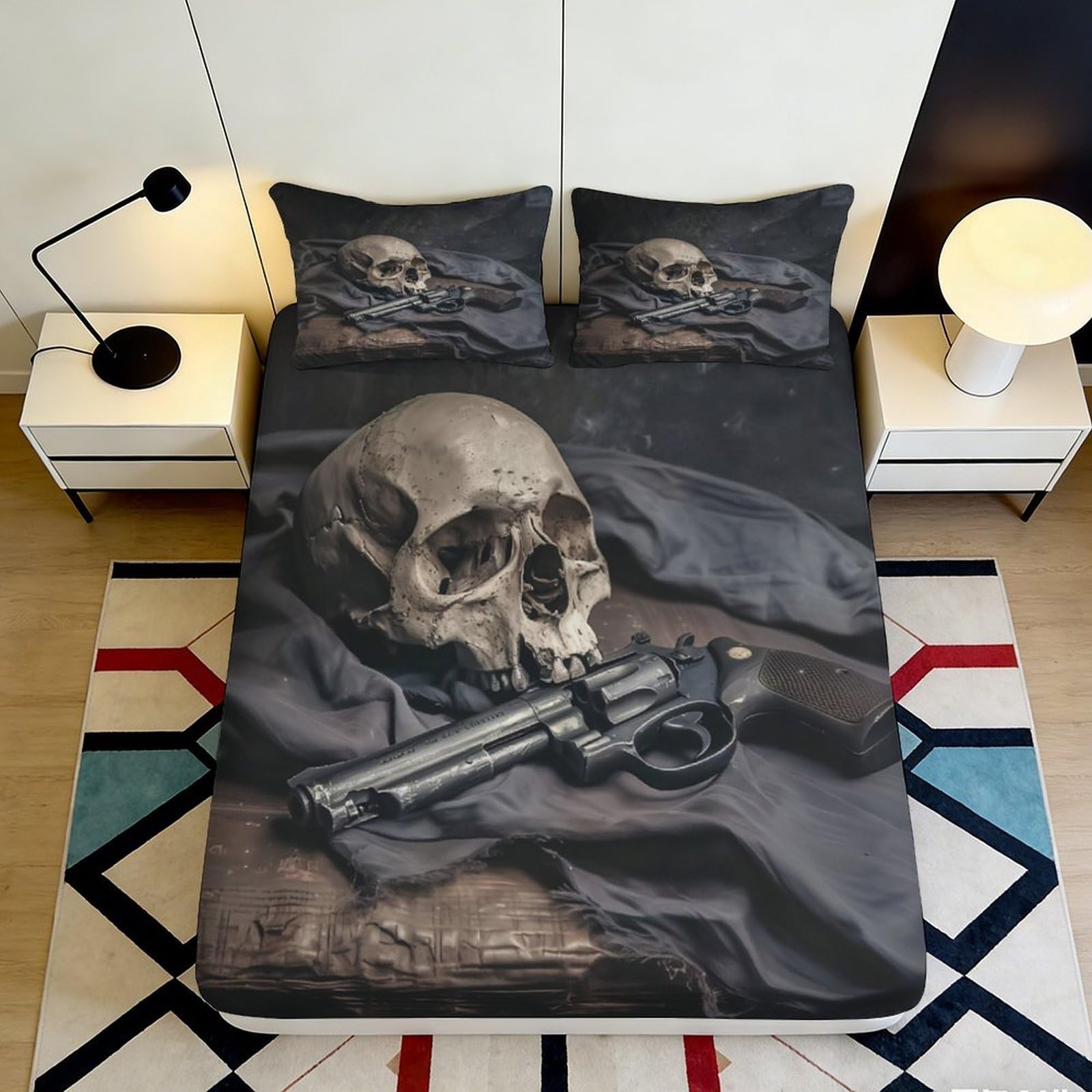 3D Printed Skull with Gun Fitted Sheet Microfiber Black Gothic Bedding Mattress Cover for Bedroom Dorm Decoration 90x200x25cm