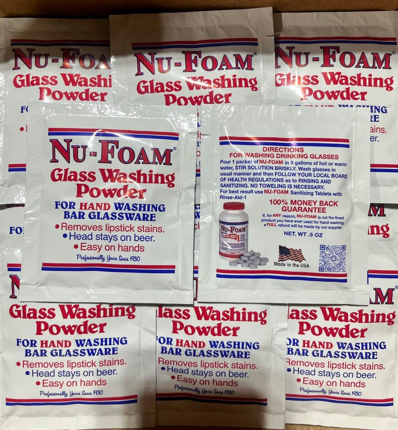 Nu-Foam Glass Washing Powder for Bar Glassware, Hand Washing Formula, Removes Lipstick Stains, 50 Pack, 0.5 oz Packets