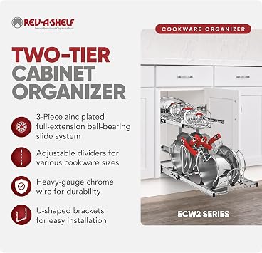 Rev-A-Shelf 2-Tier Kitchen Cabinet Pullout, Cabinet Organizer for Pots, Pans, and Lid Cookware, Adjustable Heavy Duty Wire, Min Opening Width of 11.5, Chrome, 5CW2-1222-CR