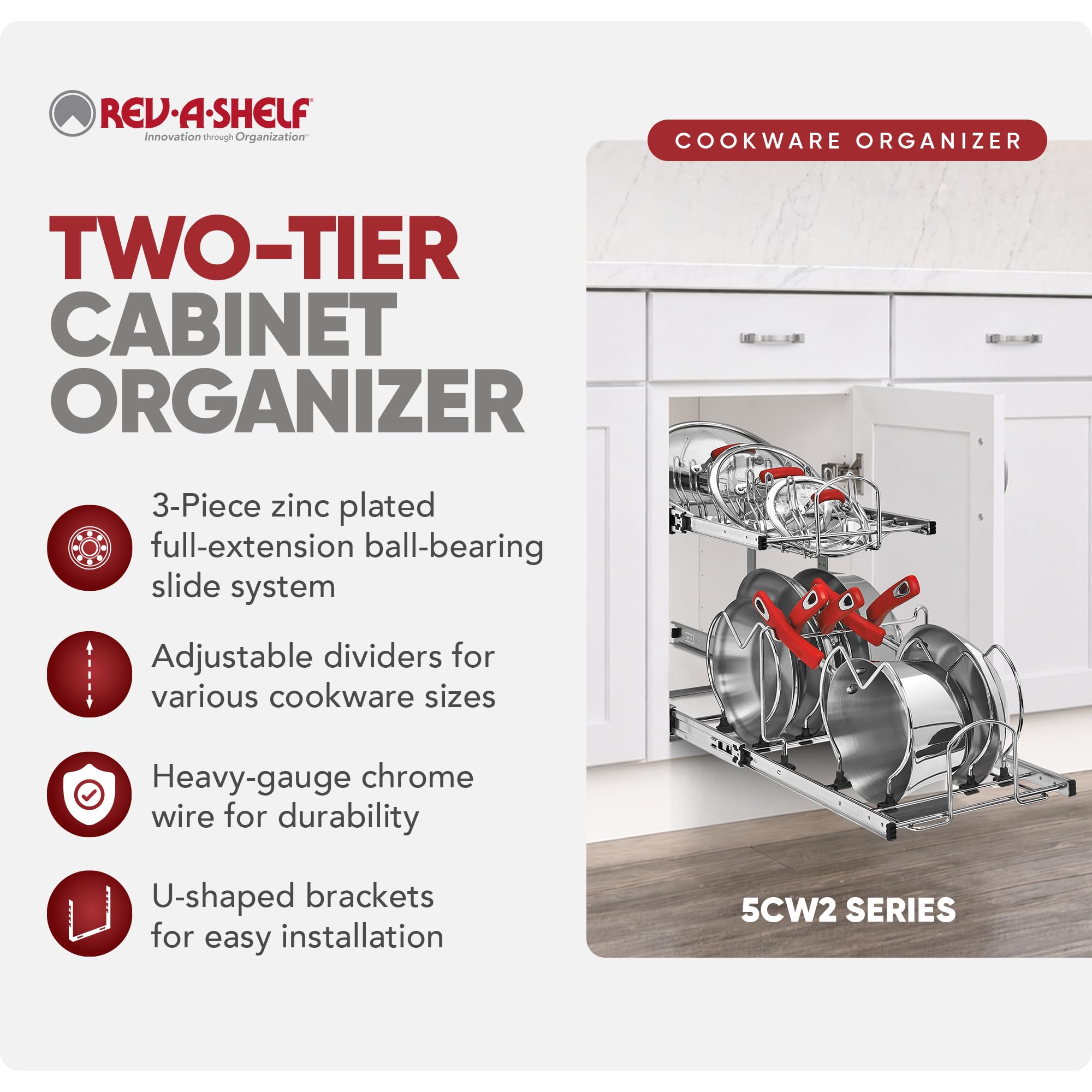 Rev-A-Shelf Dual Kitchen Cabinet Pullout Organizer Min Open Width of 11.5 | 2-Tier U-Shaped Cookware Storage Rack for Pots Pans and Lid Cookware Adjustable Heavy Duty Wire Chrome 5CW2-1222-CR product thumbnail 8