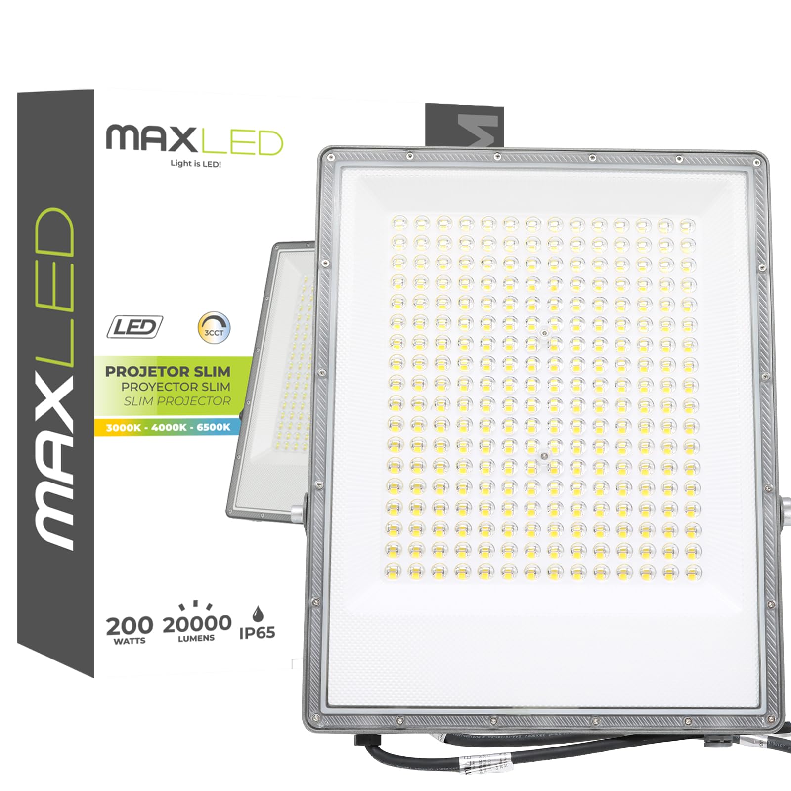 1x Focos LED Exterior 200W 20000 Lúmen Floodlight 3000K/4000K/6500K IP65 Impermeable Foco Proyector Led Exterior Iluminación para Casa Garaje Patio Terraza Jardín Cancha Fachada