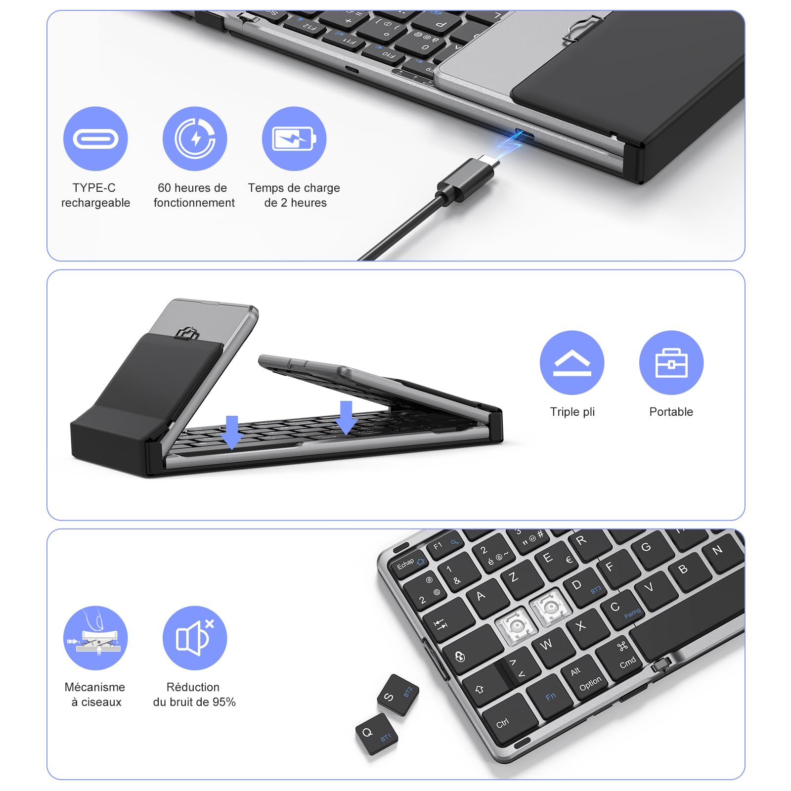OMOTON Clavier Bluetooth Pliable AZERTY Pavé Tactile & Numérique Portable | Pleine Taille, Rechargeable, 3 Appareils Bluetooth, Support intégré, Compatible avec PC Tablette iPad Windows Mac Android