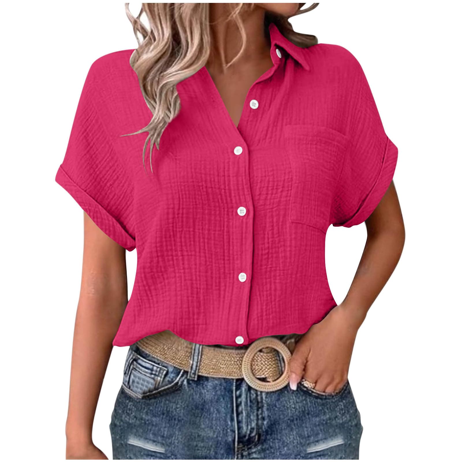AEGJEGVD Musselin Damen Blusen Elegant Shirt Kurze Ärmel Bluse Mit Kragen Knopfleiste Formelle Arbeitskleidung Lässige Hemden Leinenbluse Flowy Locker Blusen Atmungsaktive Sonnenschutz Oberteil