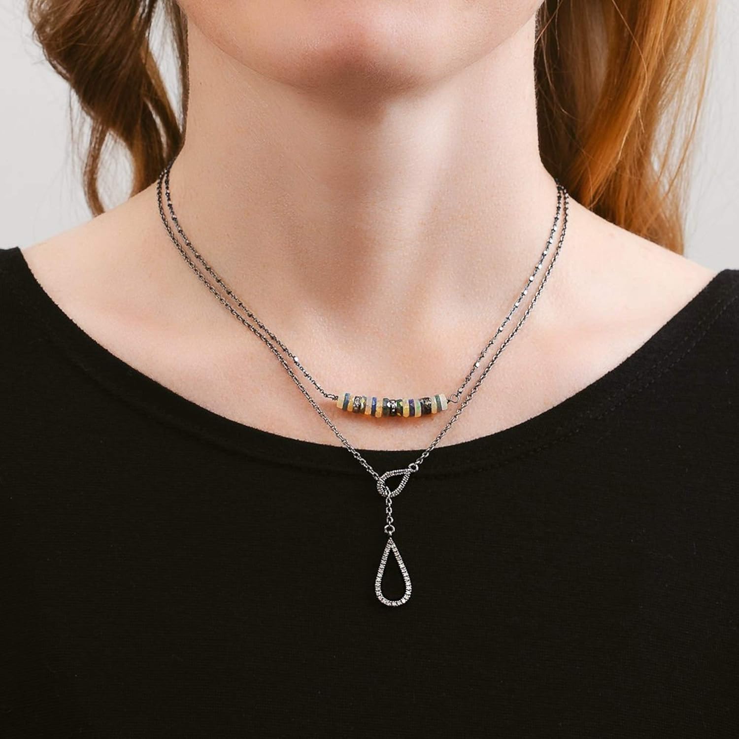 Genuine Diamond Lariat Necklace- Oxidized 925 Sterling Silver- High Quality Pave Diamonds- Unique- Women's Jewelry Gift Idea- Holiday-Christmas - Image 2