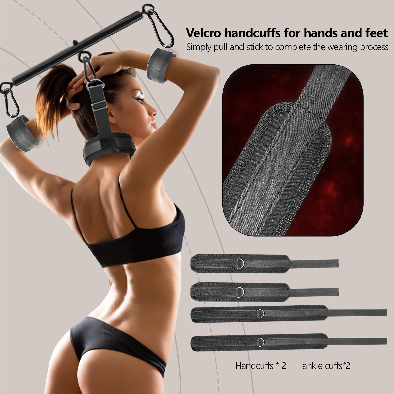 Menottes BDSM, Kit de bondage polyvalent de cou à poignet avec barre d'écartement, menottes et chevillères réglables, jouets sexuels pour couples, jouets sexuels pour adultes pour jeux SM (56-91 cm)