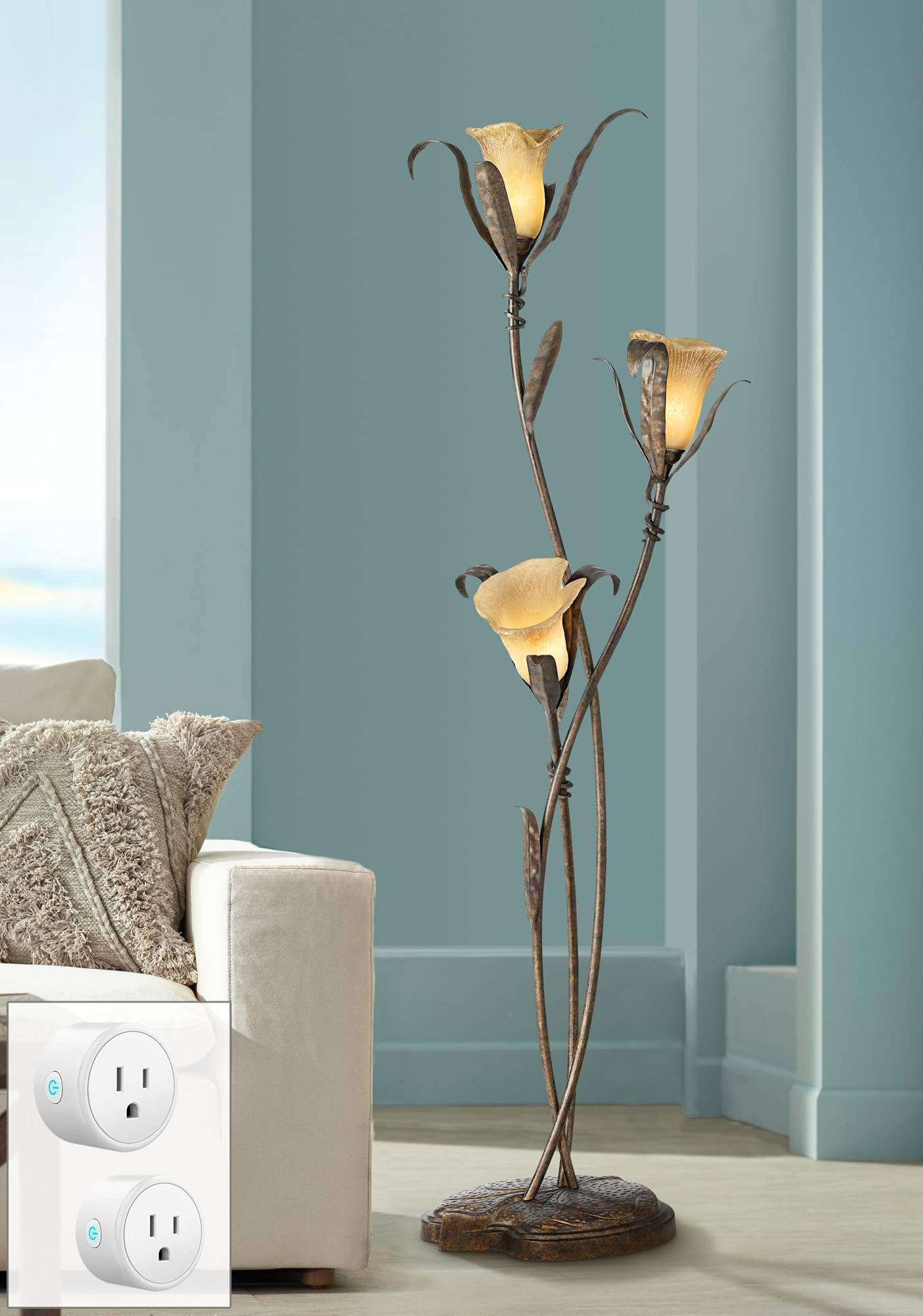Franklin Iron Works Intertwined Lilies Rustic Farmhouse 68 1/4" Tall Floor Lamp with Smart Socket Bronze Gold Metal 3-Light Amber Glass Shades for Living Room Family Bedroom Office House Home