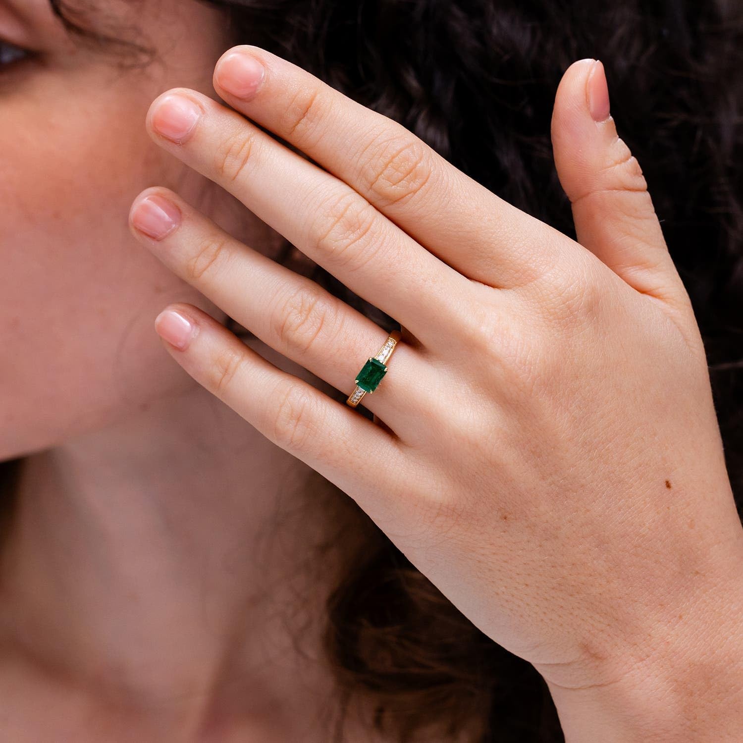 Angara Natural Emerald Ring for Women | East West Emerald-Cut Emerald Solitaire Ring with Diamond Accents in 14K Solid Gold/Platinum | May Birthday, Anniversary, Gemstone Jewellery Gift - Image 4