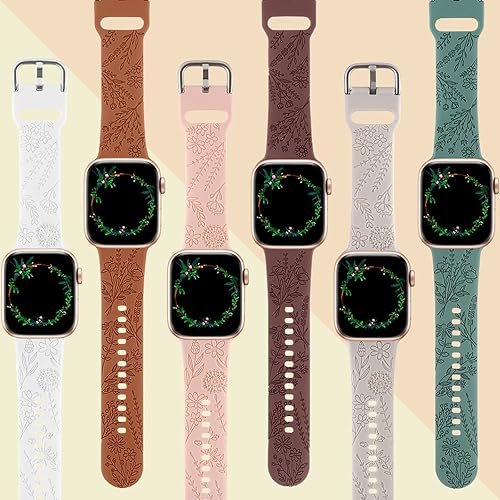 Miniatura 2 de Paquete de 6 correas de silicona grabadas con estampado floral compatibles con Apple Watch de 1.575 in 1.614 in 1.496 in 1.654 in 1.732 in 1.772 in
