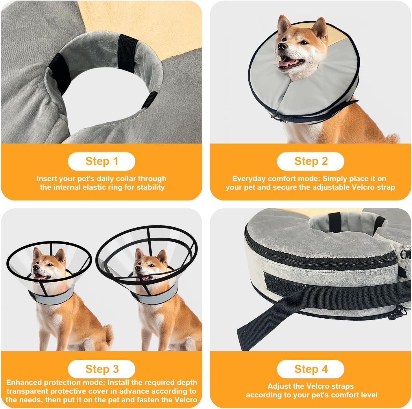 Sponge Core Dog Cat Cone Collar for After Surgery Recovery, Inflatable Dog Cone Alternative, Lainergie Dogs Donut Collar Adjustable with 2PCS Cover for Large Medium Small Dogs Cats (Grey Yellow, XL)