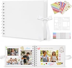 DazSpirit A5 Scrapbook Photo Album, 20 Sheets/40 White Pages, DIY Memory Book with 6 Metallic Pens and 8 Photo Stickers for Wedding, Travel, Baby and Anniversary