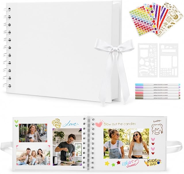 DazSpirit A5 Album de photos de scrapbook, 20 Sheets/40 Pages blanches, DIY Livre mémoire avec 6 Stylos métalliques et 8 Stickers Photo pour Mariage, Voyage, Bébé et Anniversaire