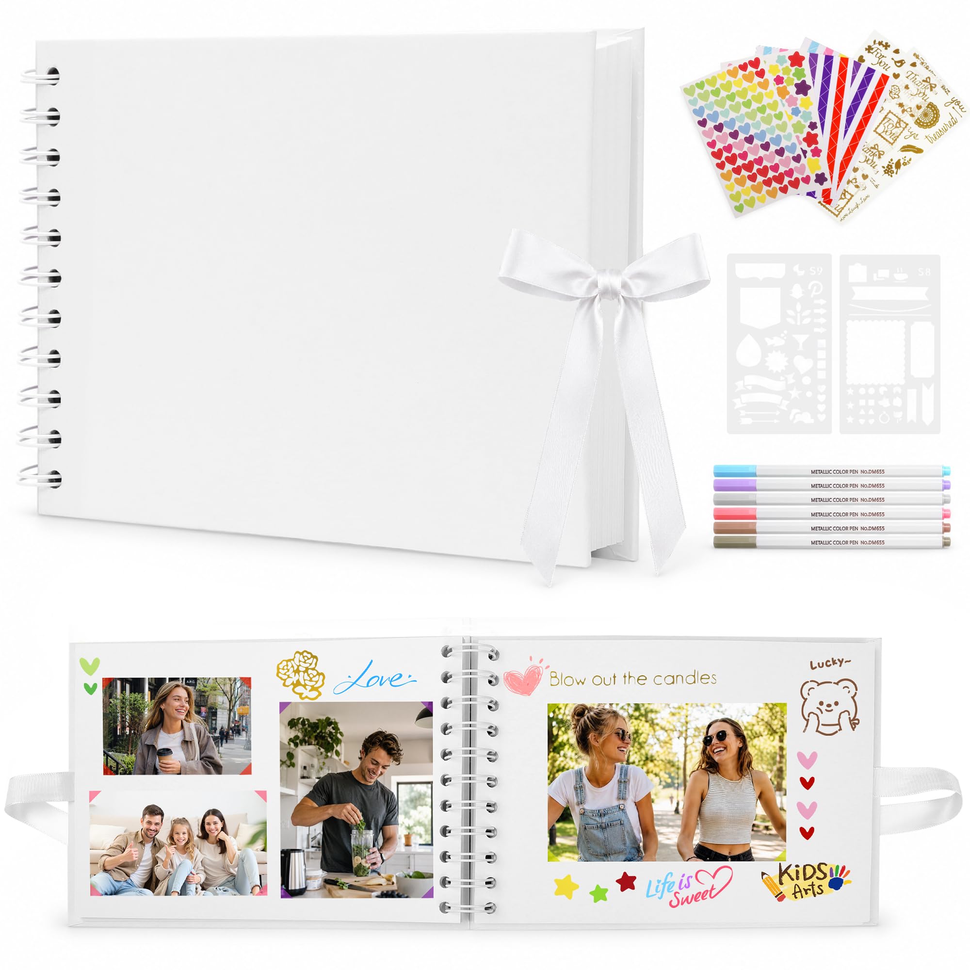 DazSpirit White A5 Scrapbook Photo Album, 20 Sheets / 40 White Pages DIY Memory Book with 6 Metallic Pens & 8 Photo Stickers, Small Scrap Book for Wedding, Anniversary, Travel and Birthday