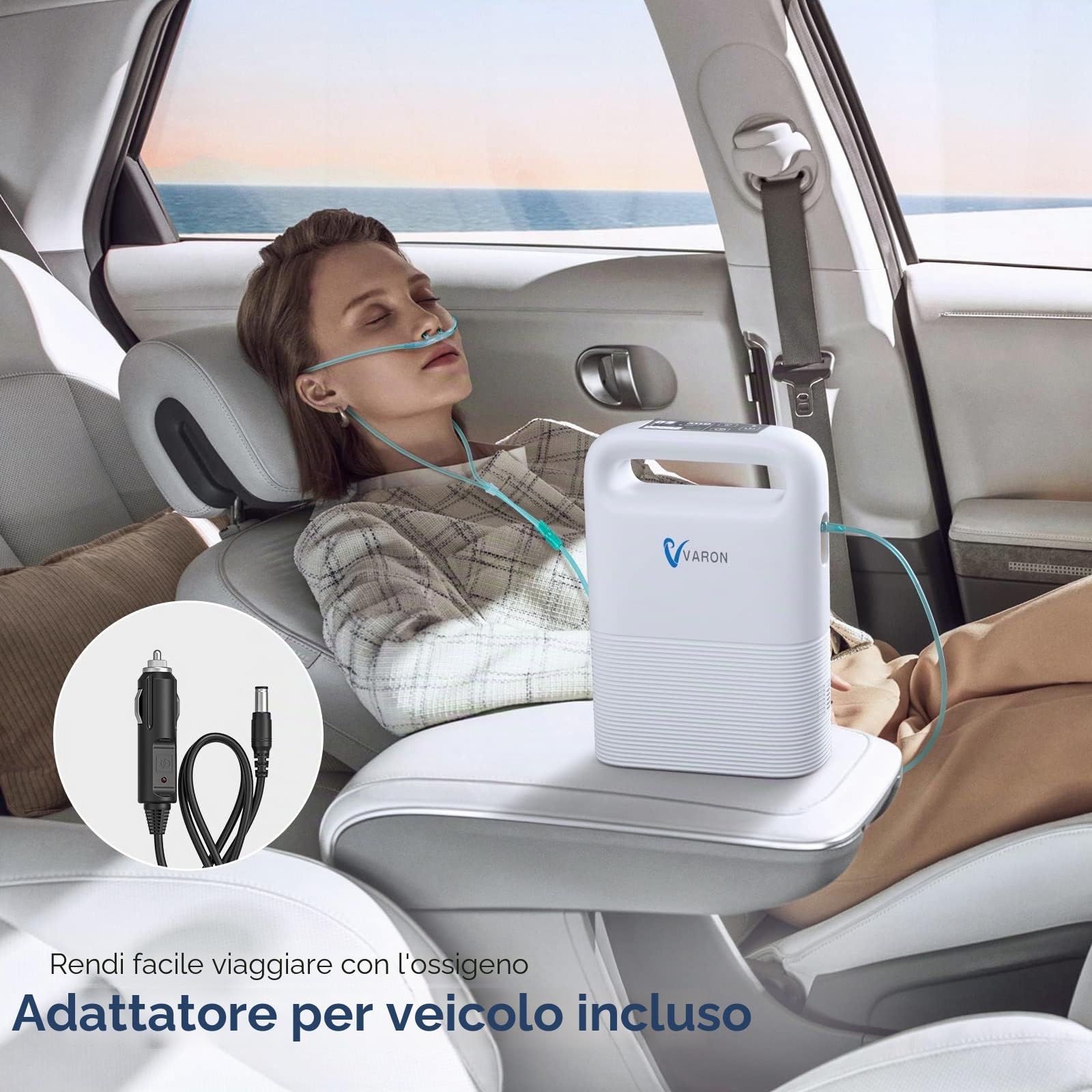 Concentratore di ossigeno portatile da viaggio, 1-5 l, doppia modalità al 93%, con funzione temporale e set completo di accessori, funzionamento continuo per 3-3,5 ore