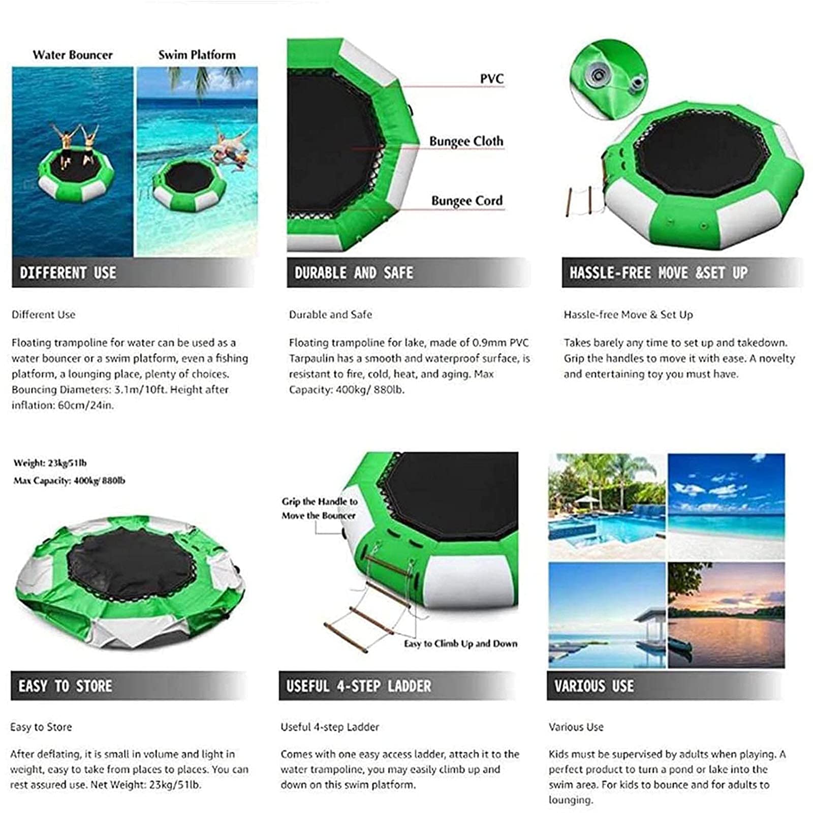 Trampolino Gonfiabile Ad Acqua,Piattaforma di Nuoto di Rimbalzo per Sport Acquatici All'aperto - per Bambini Adulti Piscina Estiva Nuoto Lago attività in Acqua di Mare Giochi,6.50ft