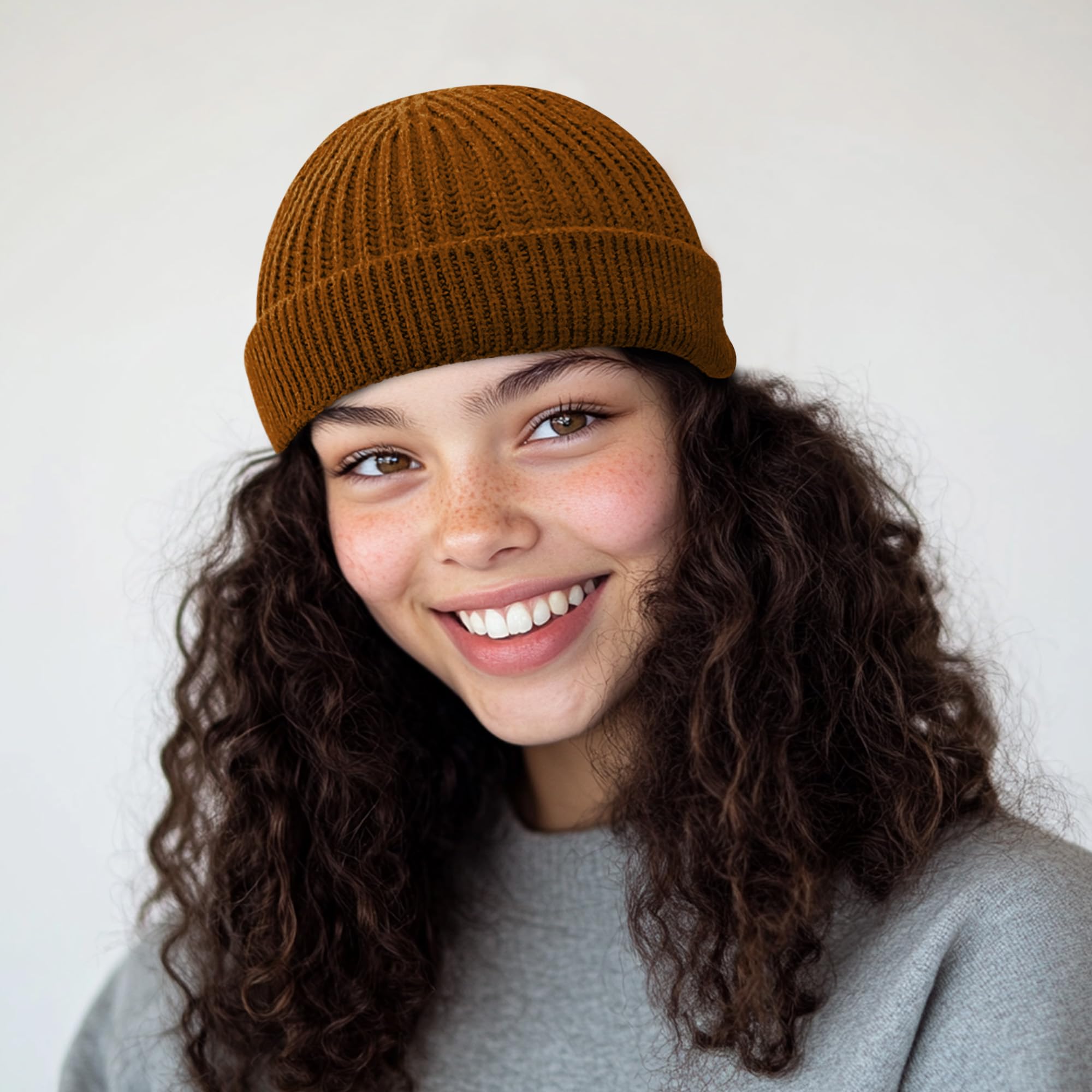 Croogo Classic Knit Cuff Beanie Cap Windproof Roll up Edge Skullcap Unisex Shorter Fisherman Watch Cap Habour Hat,Camel-KH42