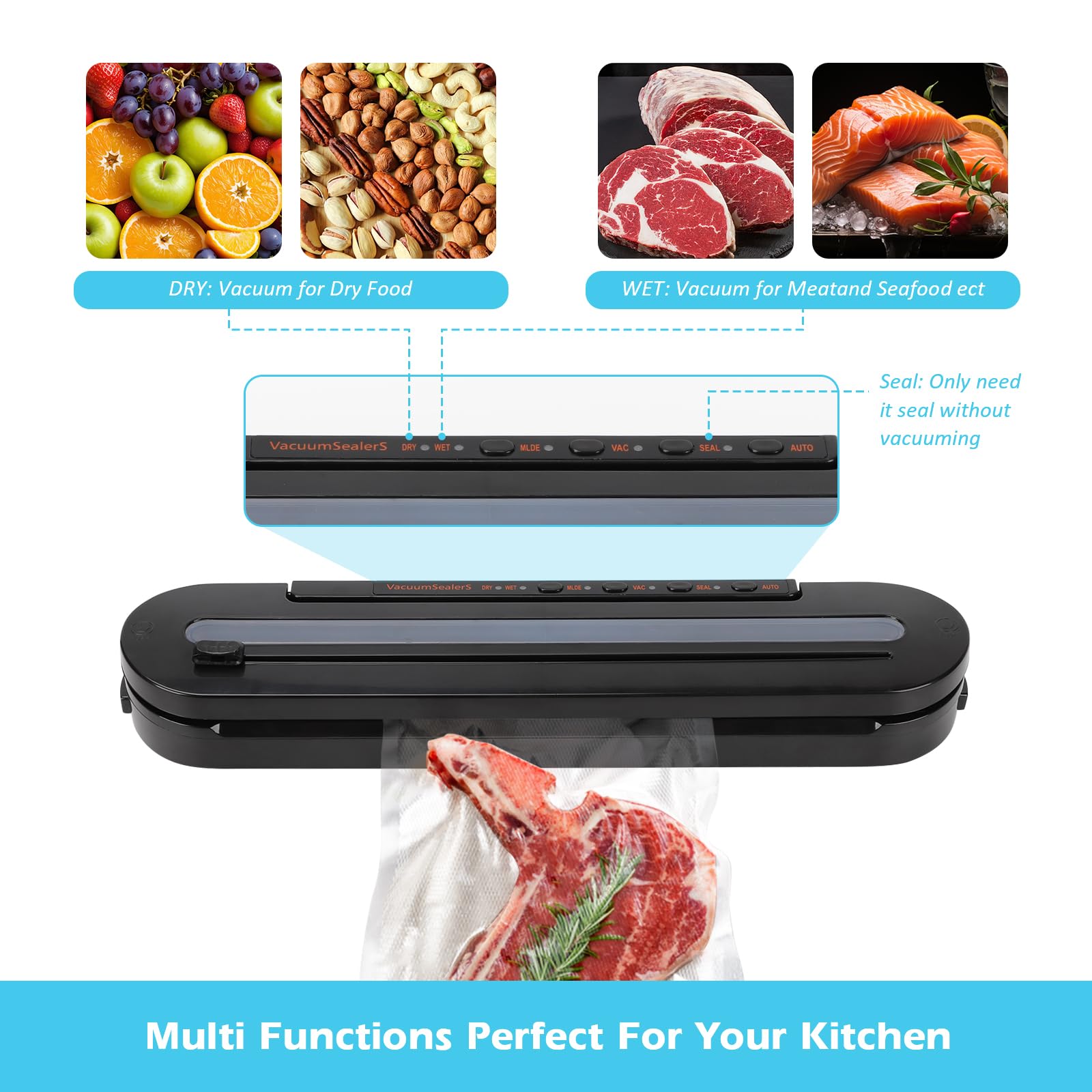 Qivine Envasadora al Vacio Domestica, 5 en 1 Embasadoras Selladora Bolsas de Plastico para Alimentos, Húmedos y Secos Cocina Maquina Envasar al Vacio con Cortador de Película