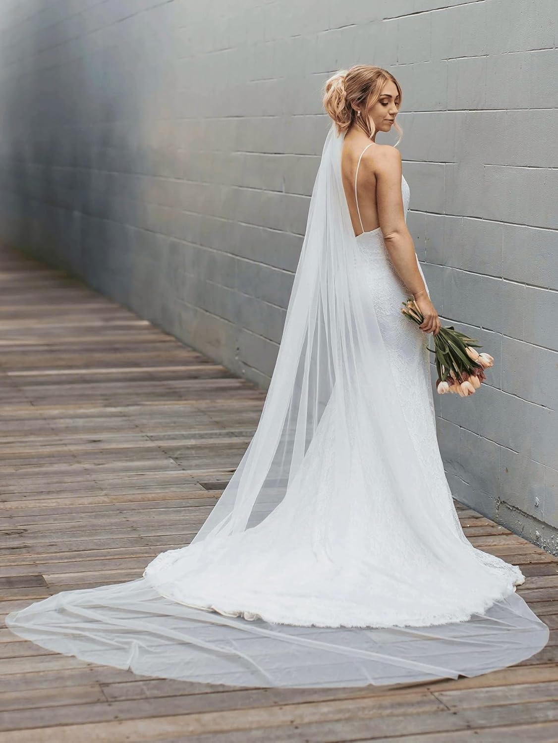 Long Cathedral Simple Drop Tulle Bridal Wedding Veil with Comb - Image 2