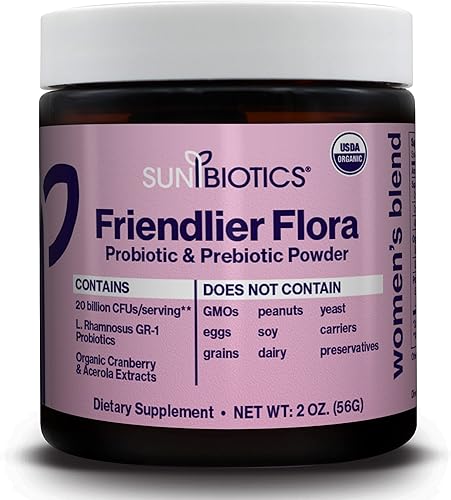Sunbiotics Friendlier Flora - Mezcla para mujer, 20 mil millones de UFC de 6 cepas probióticas, salud digestiva vaginal e inmunitaria diaria para