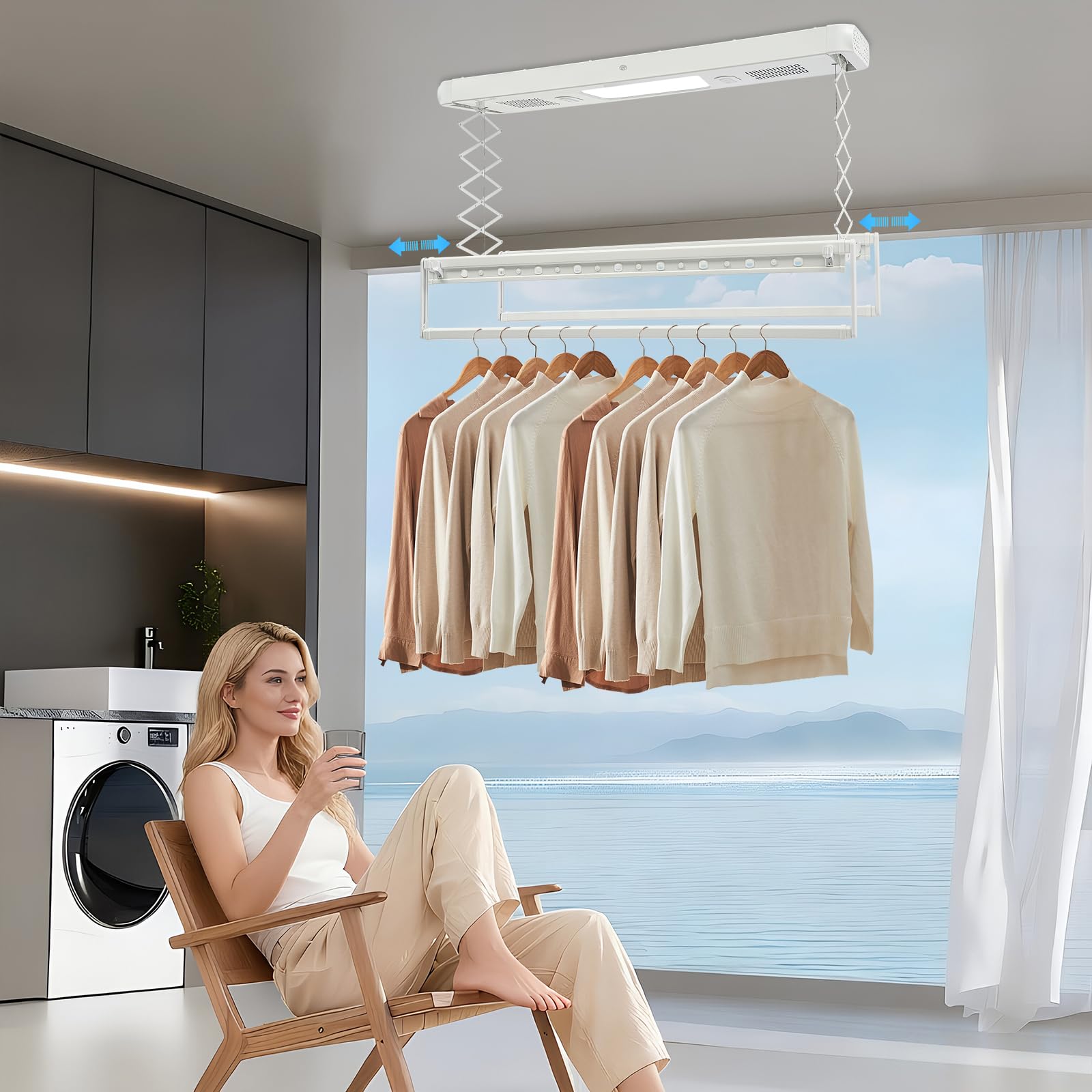Elektrischer Wäscheständer, Deckenwäscheständer, Wand- und Deckenmontage, ausziehbar von 130–215 cm, Tragkraft 35 kg, mit Ventilator, LED-Beleuchtung und Fernbedienung, platzsparend für den Balkon