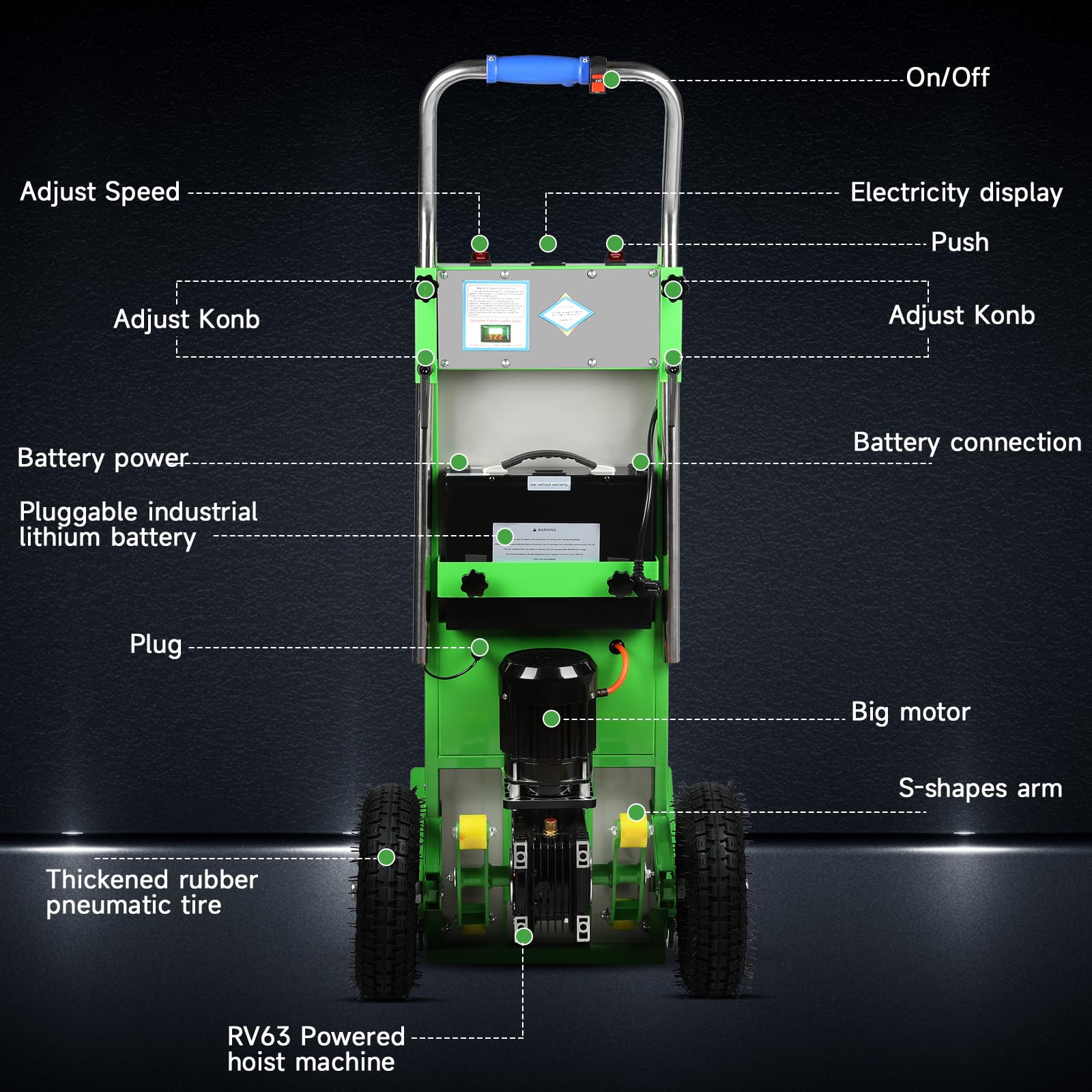 Afitdon - Carretilla eléctrica (1250 W, capacidad de carga de 408 kg, para escaleras y bajadas, con cuerda de seguridad y bomba de aire, color verde