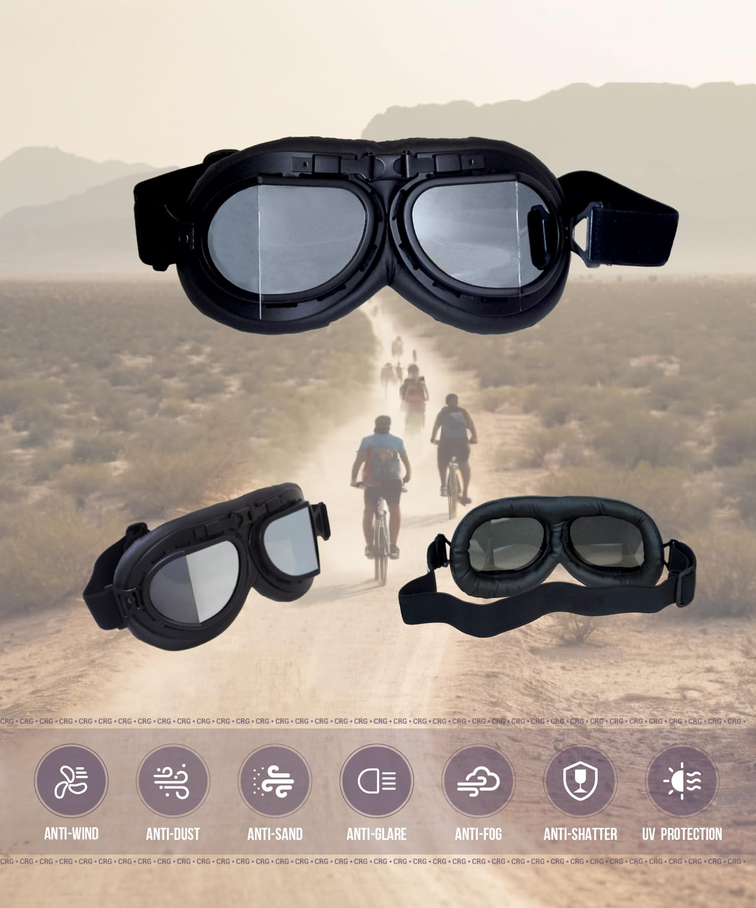 CRG Sports Vintage Aviator Pilot Style Moto Cruiser Scooter Goggle T08 T08BSB Lente Argento, telaio nero, imbottitura nera