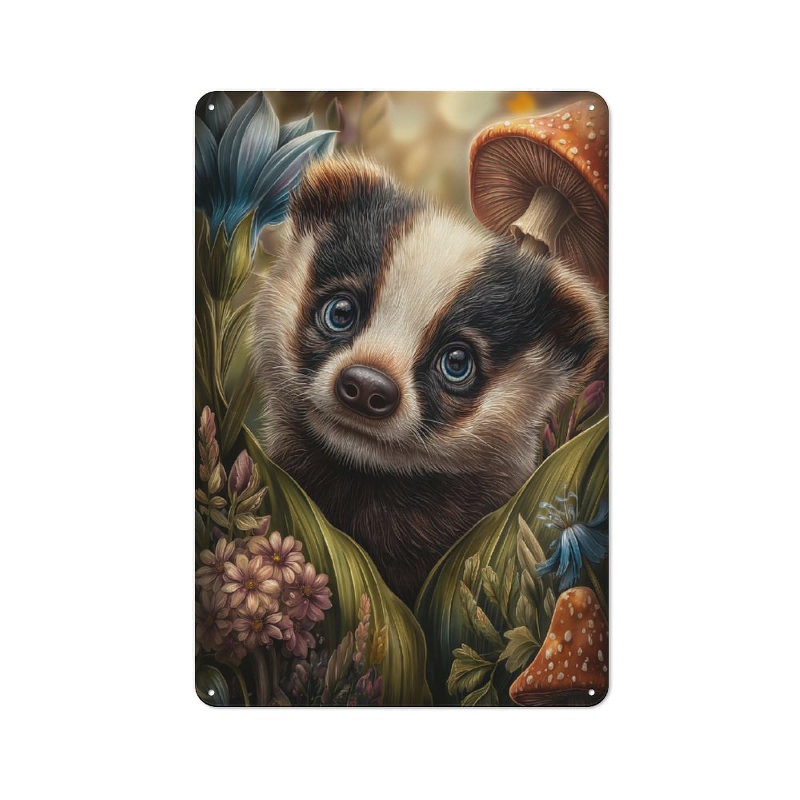 Nostalgic Decorative Tin Plaque 30x20cm Featuring Cute Badger in Flowers, Classic Pub Decor for Cafe, Pub, Workshop Or Home Bar