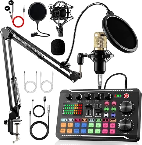 ALSO GO Podcast Equipment Bundle, Podcast Equipment with BM-800 Microphone(Gold) & F998 Sound Card, Recording Studio Equipment for Podcasting, Singing, Gaming, and Live Streaming YouTube Tiktok