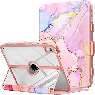 MoKo Case for iPad 10th Generation with Pencil Holder, iPad Case 10th Generation 2022 10.9 inch, Built-in Screen Protector Clear Back, Multi Angle Viewing Stand, Auto Wake/Sleep,Light Pink Gold Marble