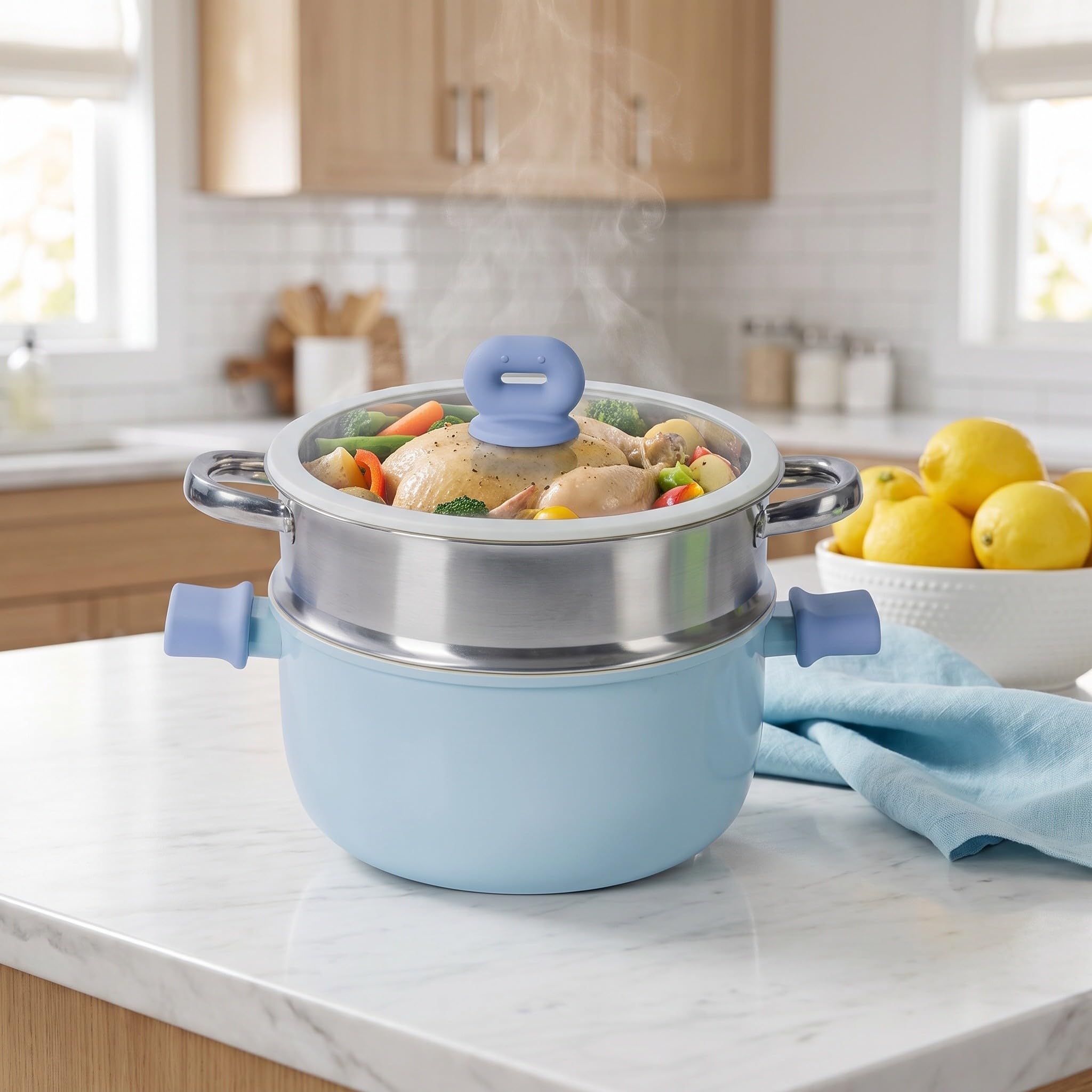 ibasenice Pentola antiaderente con coperchio, pentola per zuppa - Casseruola in ceramica con cestello per la cottura a vapore - Padella antiaderente per fornelli e induzione per pasta, stufati e