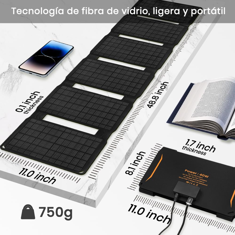 FlexSolar Cargador Solar Portátil 40W USB ETFE Panel Plegable IP67 Impermeable Camping Senderismo