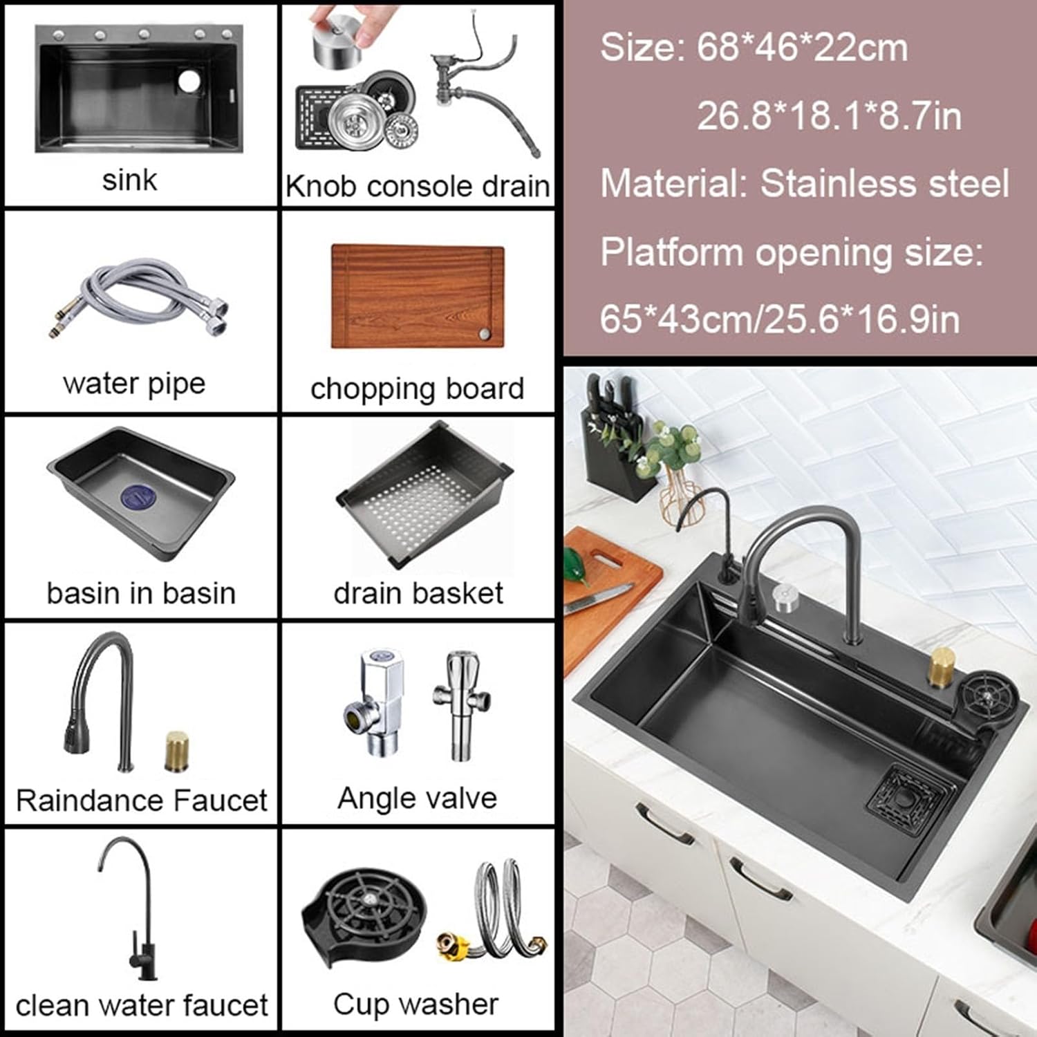 Waterfall Kitchen Sink, Stainless Steel Home Sink, Recessed/Undermount, Dish Sink, Suitable for Bar, Rv,68 * 46Cm