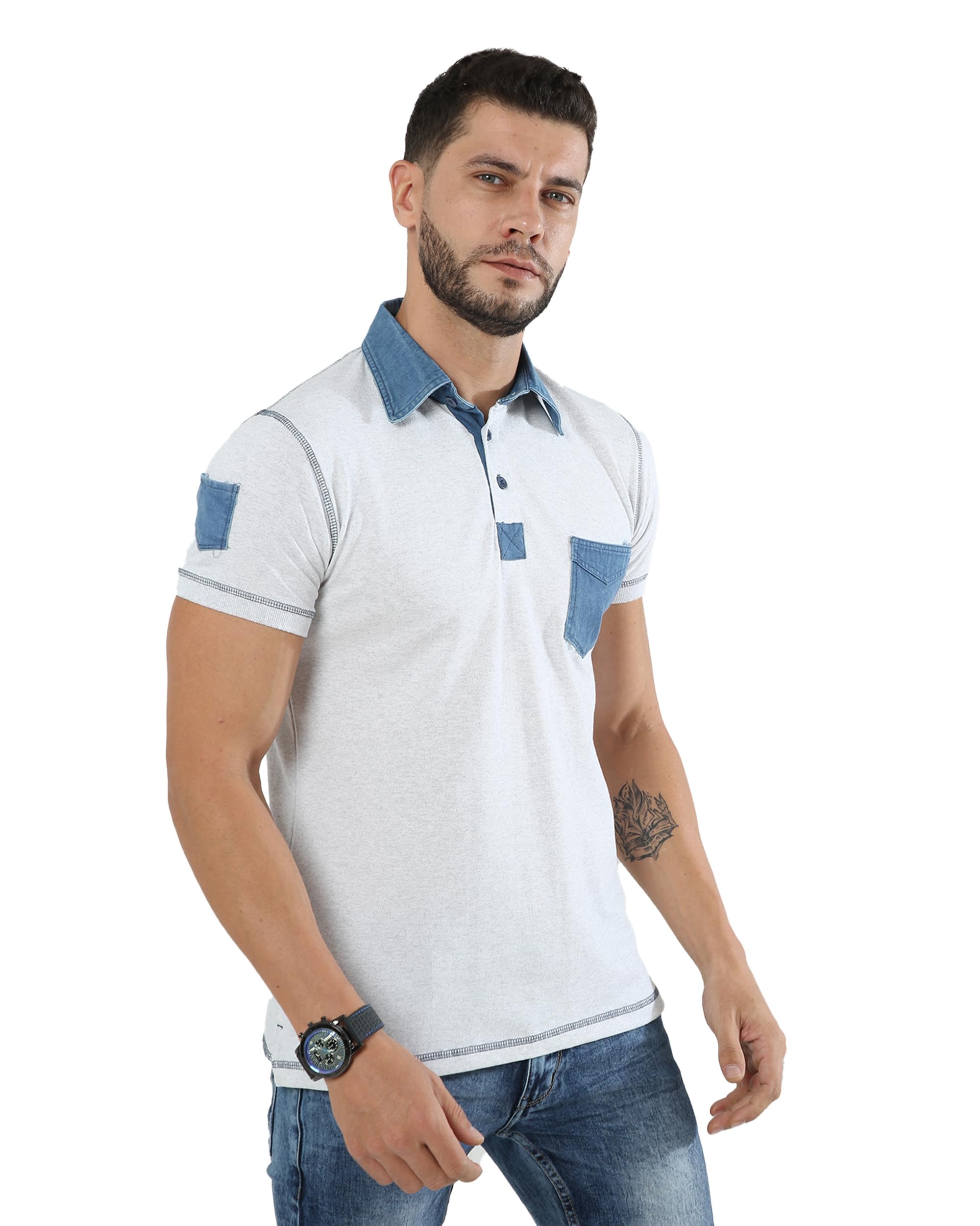 Men's Denim Collar Premium Polo T Shirt with Denim Pocket-image-32