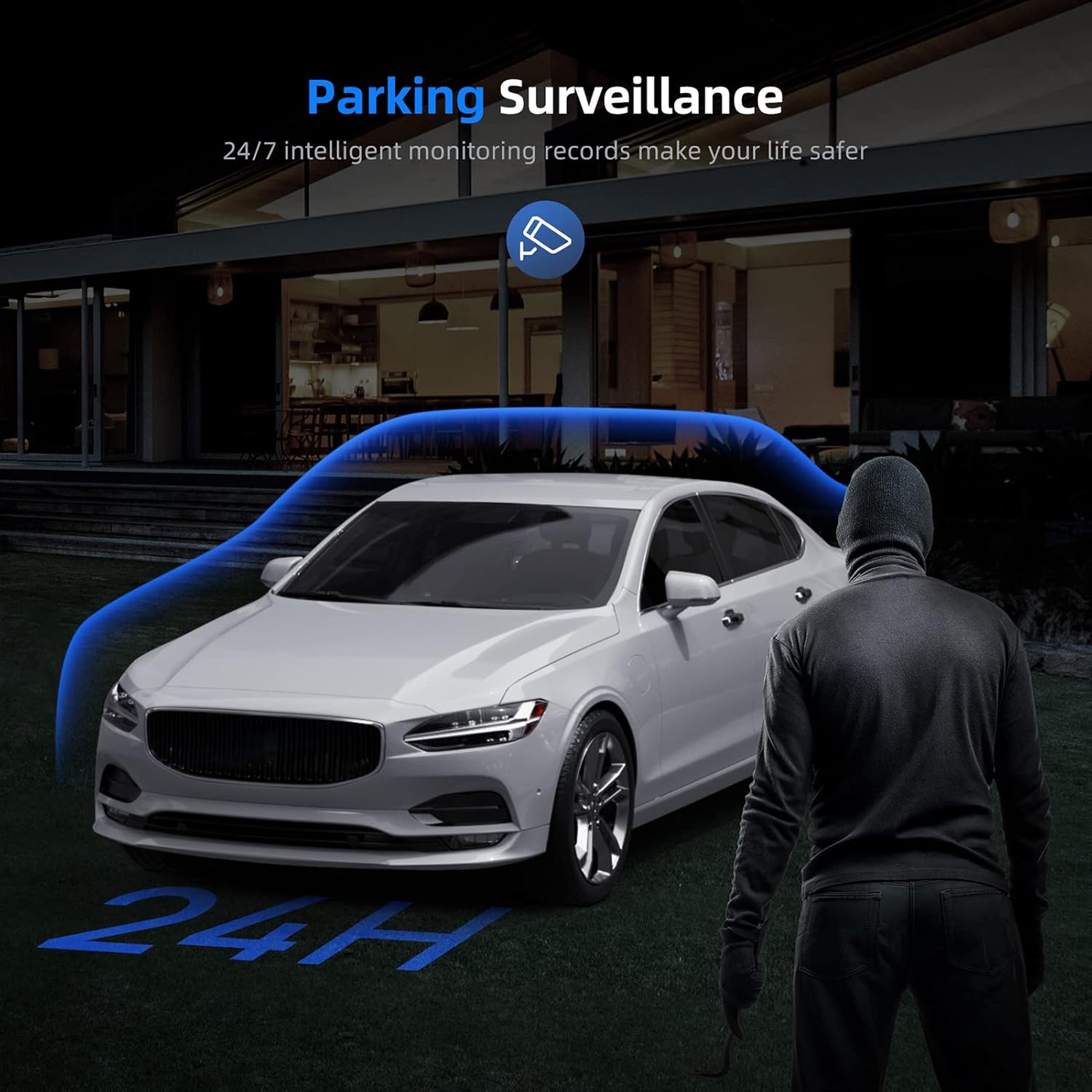 Car with parking surveillance active at night